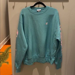 blue and pink champion crewneck sweatshirt